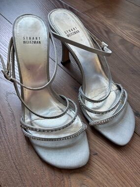 Stuart Weitzman Silver Strappy Crystal-Embellished Heels